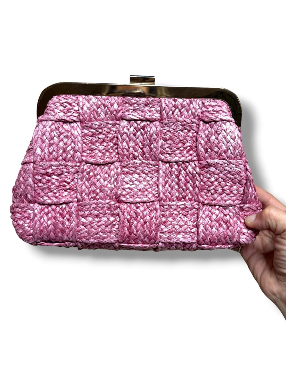 Ann Taylor Pink Woven Clutch with Gold Accents Raffia weaved